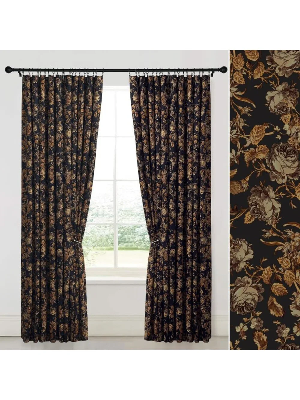 Soft Velvet Retro Gold Floral Curtains, 2 Panels, W52 x L84, Elegant Drapes